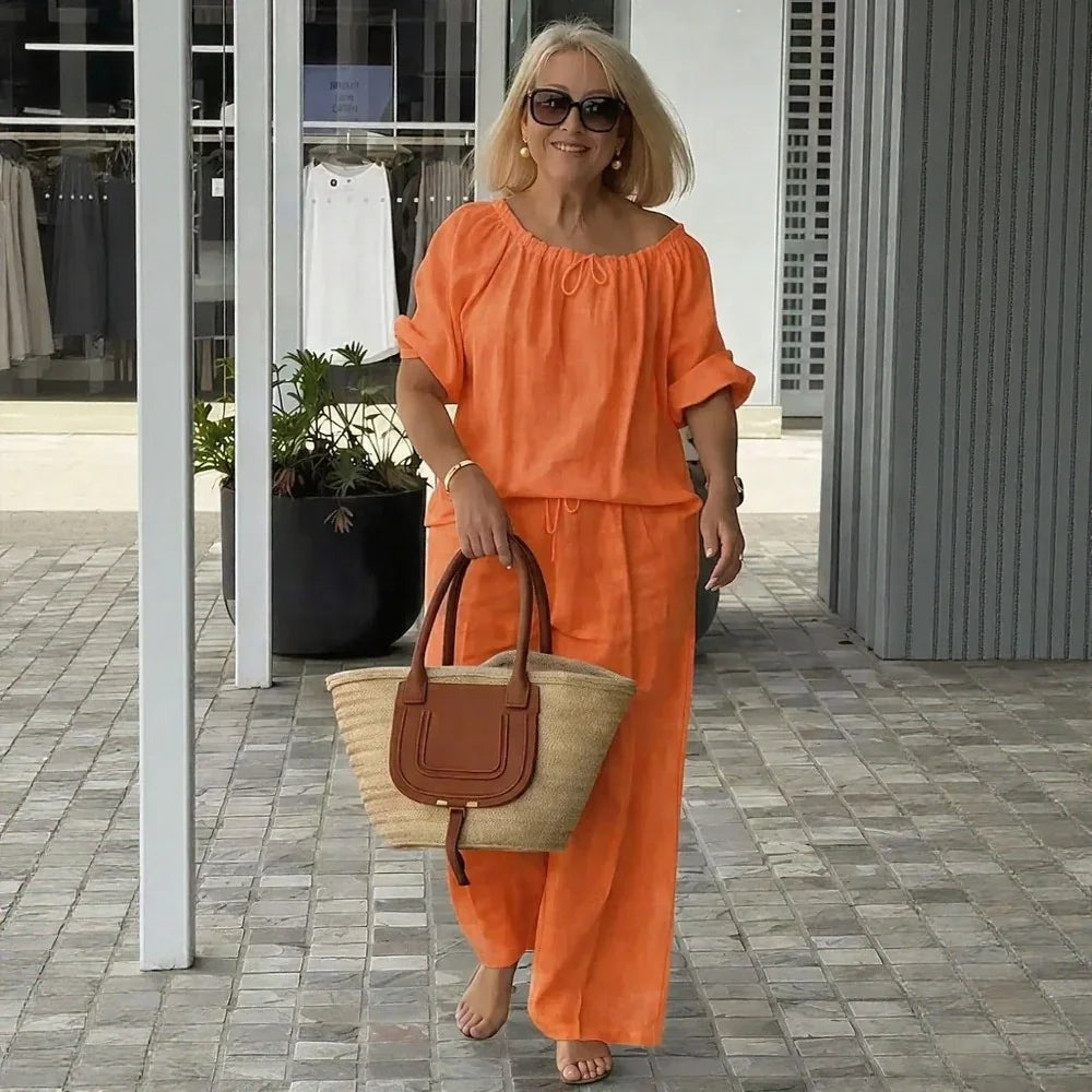 Conjunto Céliane Feminino em Linho de Algodão com Blusa e Calça