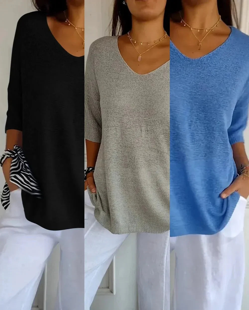 Kit 3 Blusas Femininas Luna em Malha Leve Decote V