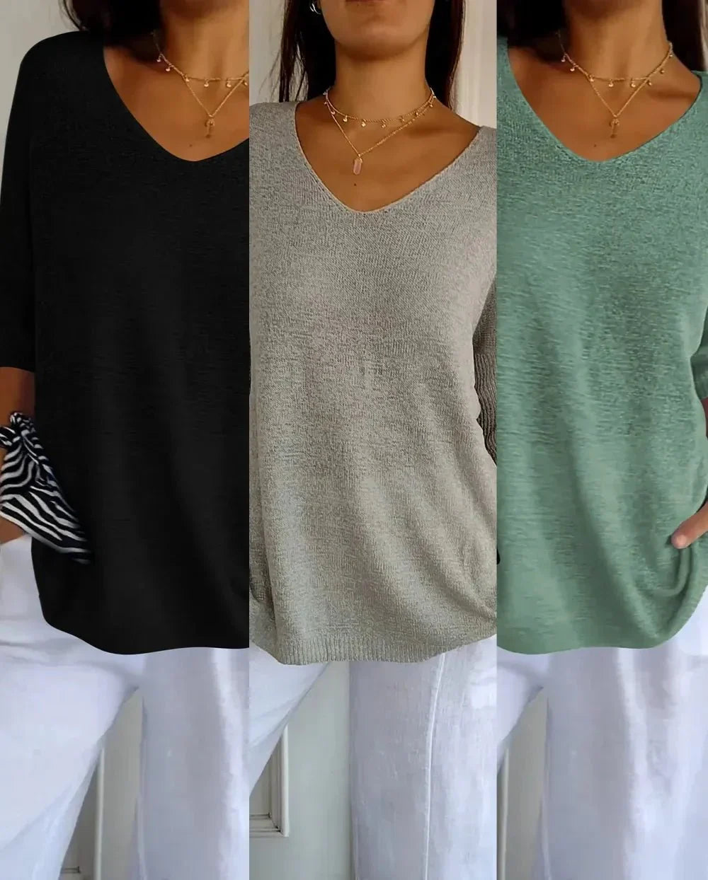 Kit 3 Blusas Femininas Luna em Malha Leve Decote V