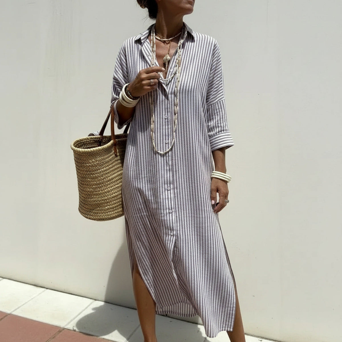 Vestido Bellavita Chemise Longo Listrado Feminino