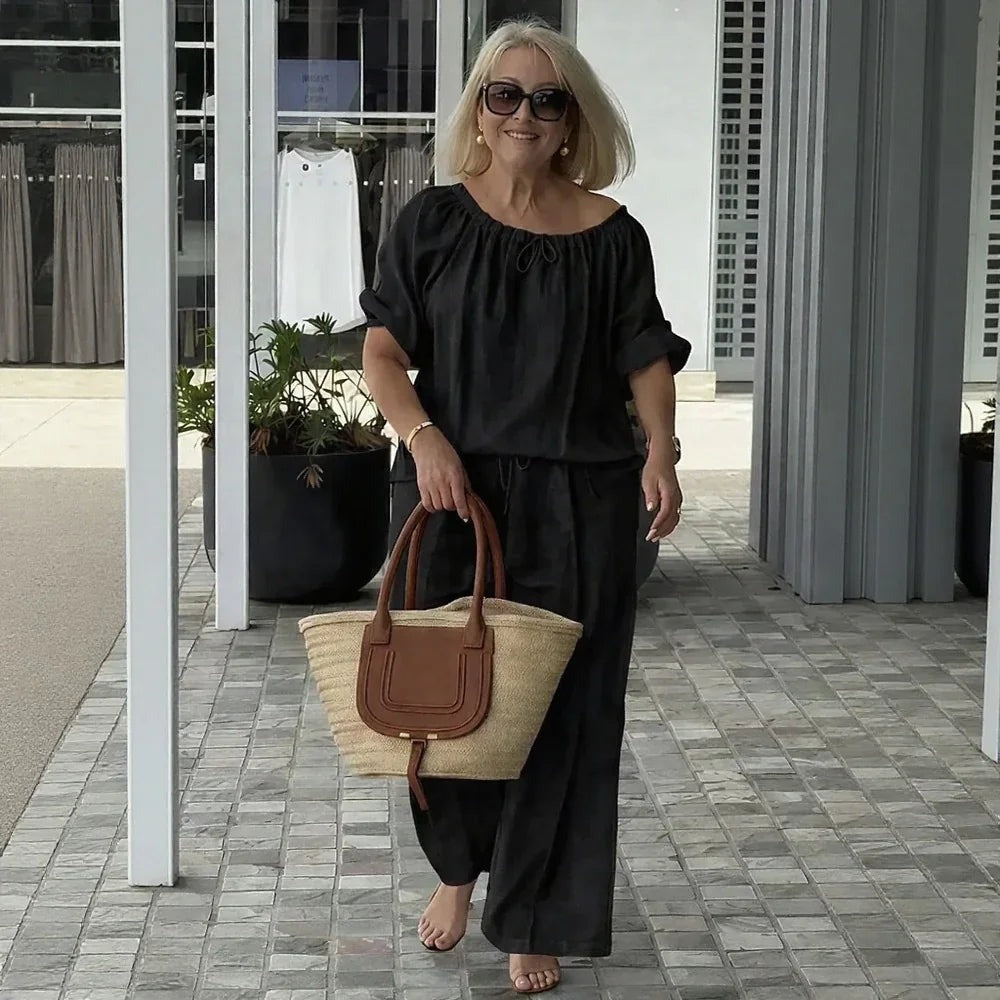 Conjunto Céliane Feminino em Linho de Algodão com Blusa e Calça