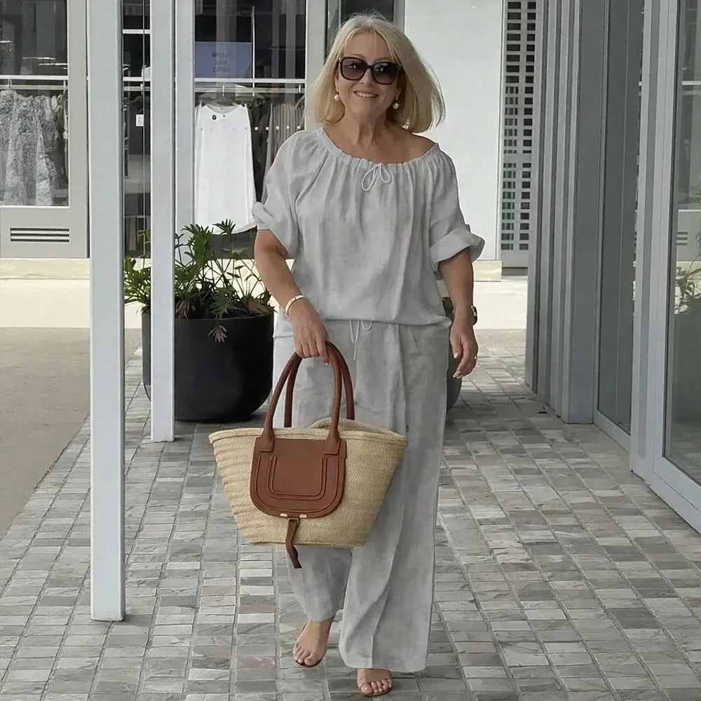 Conjunto Céliane Feminino em Linho de Algodão com Blusa e Calça
