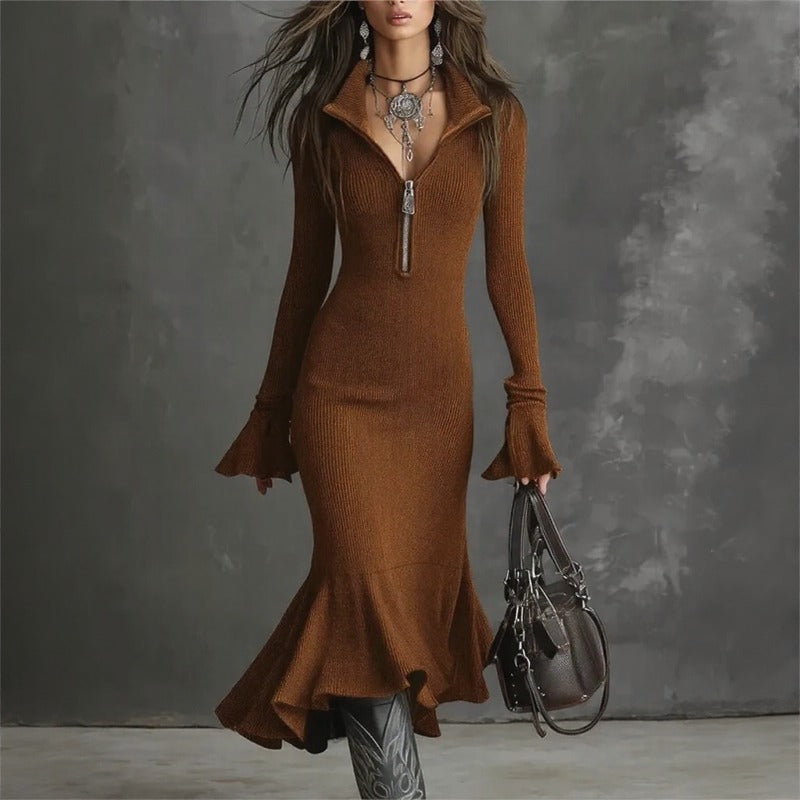 Vestido Evora Luxe Em Malha Canelada Com Zíper Frontal e Barra Sereia