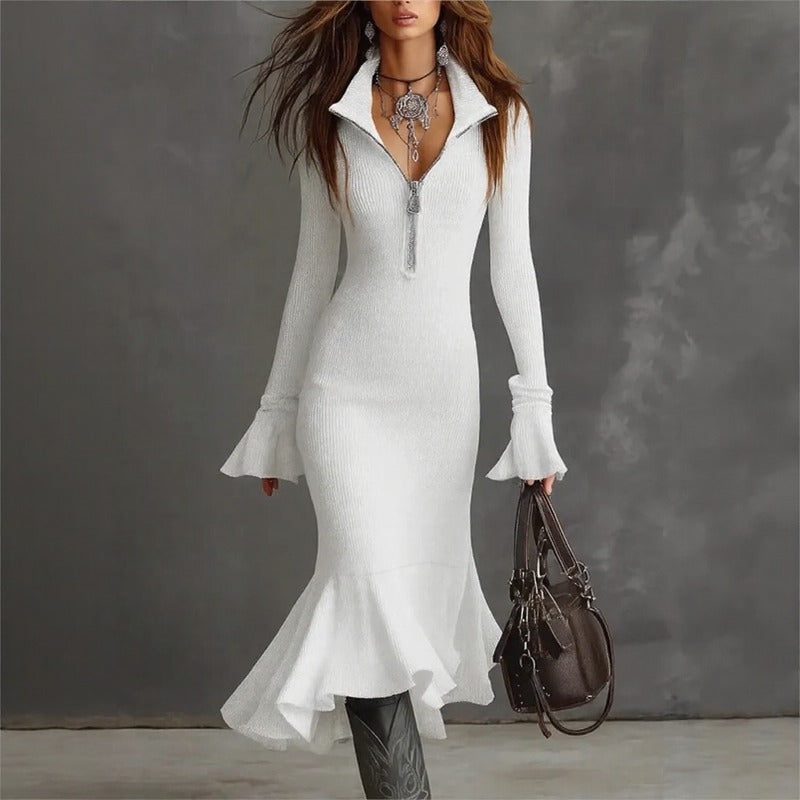Vestido Evora Luxe Em Malha Canelada Com Zíper Frontal e Barra Sereia