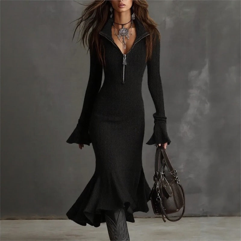 Vestido Evora Luxe Em Malha Canelada Com Zíper Frontal e Barra Sereia