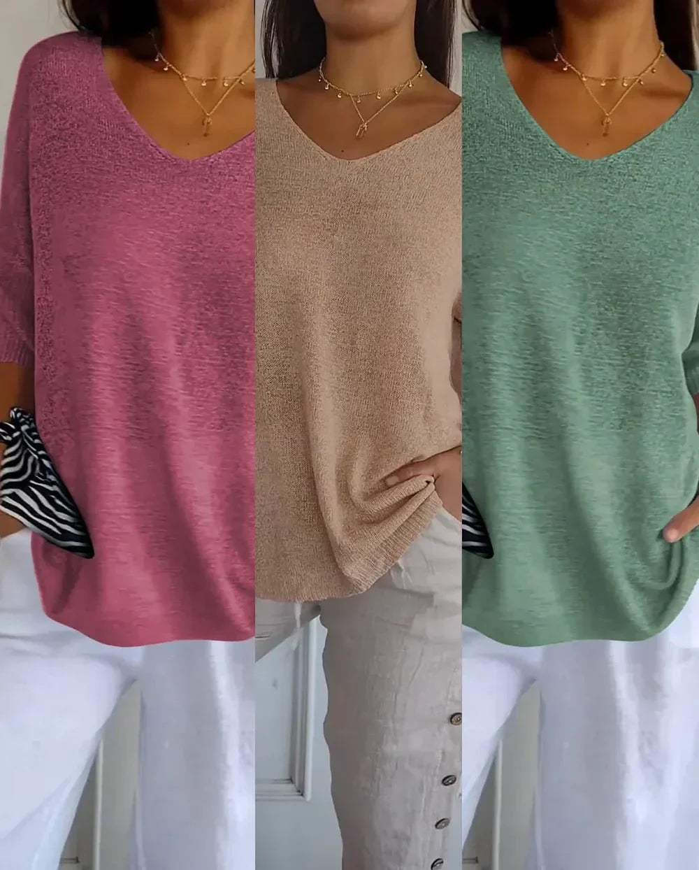 Kit 3 Blusas Femininas Luna em Malha Leve Decote V