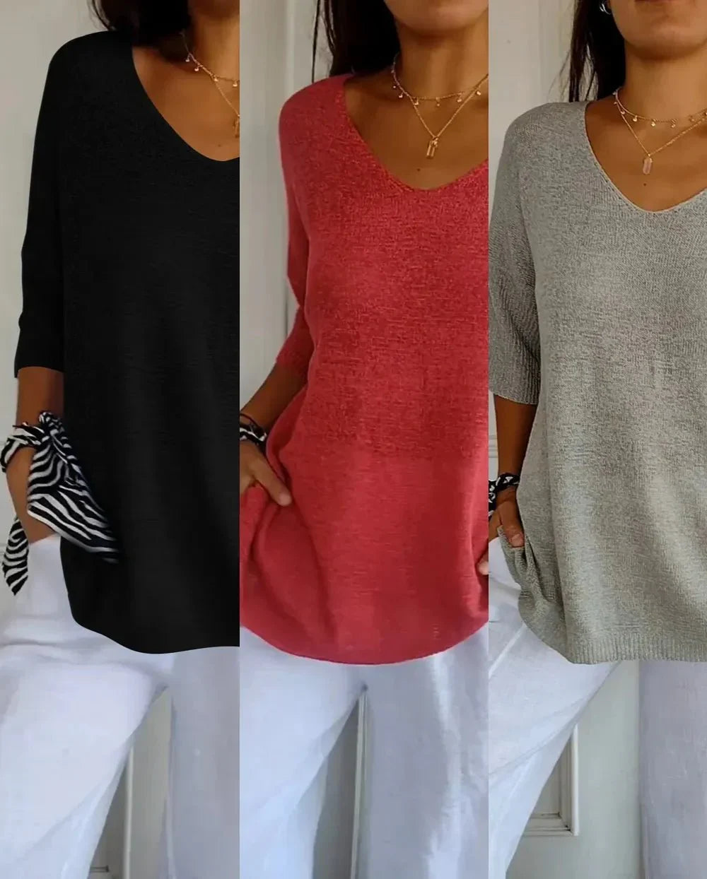 Kit 3 Blusas Femininas Luna em Malha Leve Decote V