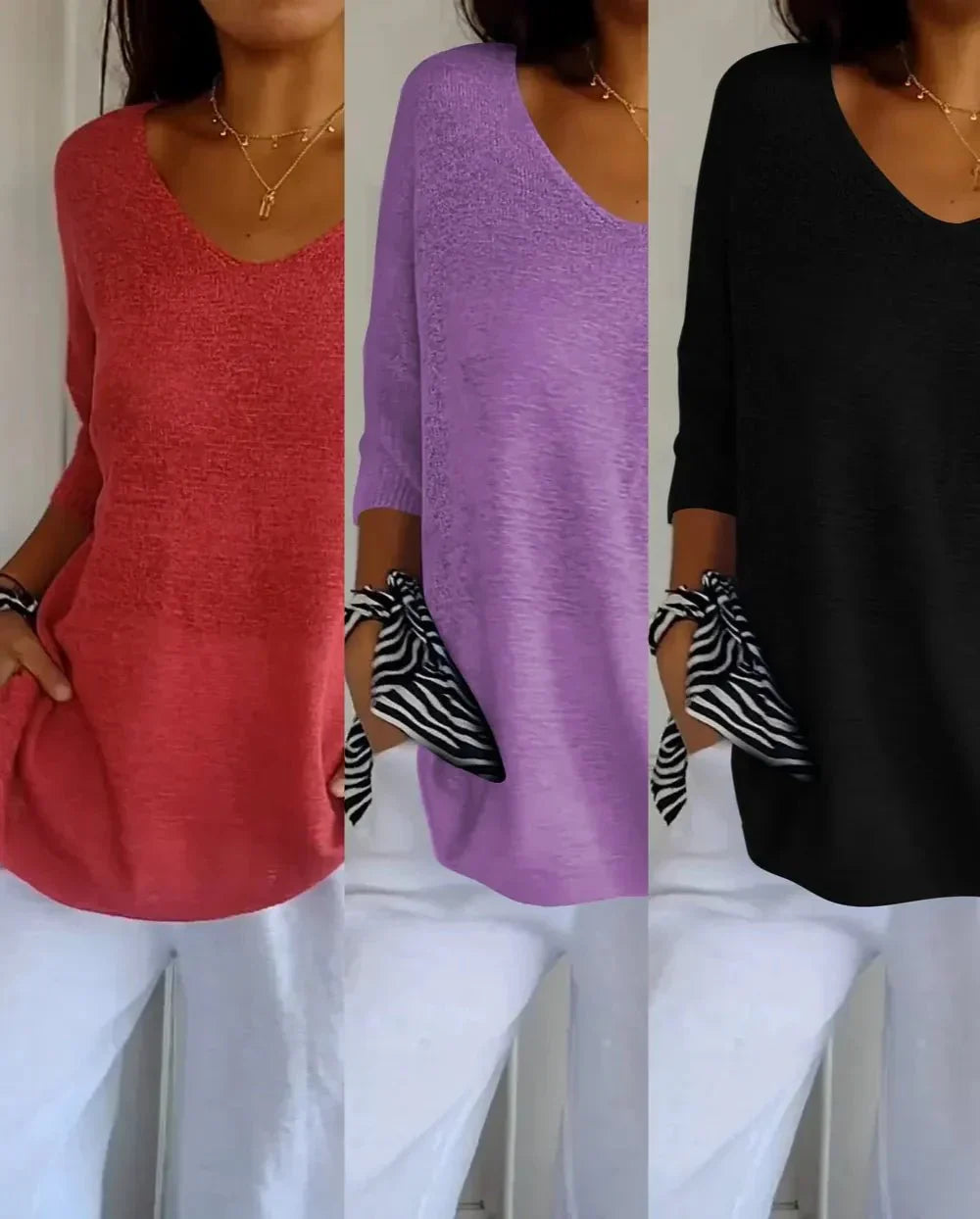 Kit 3 Blusas Femininas Luna em Malha Leve Decote V
